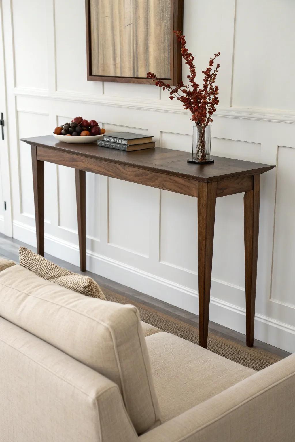 Style your behind-sofa table like a mini mantel—swap candles and natural textures by season.