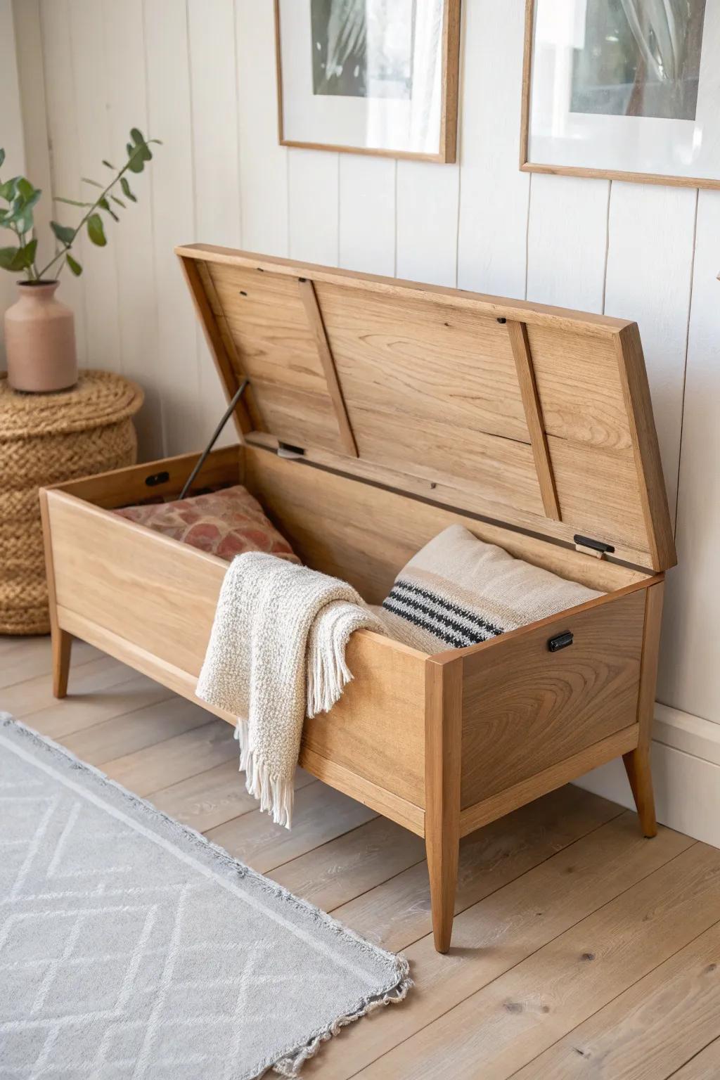 Flip-top oak storage bench with soft-close lid—minimal, boho-warm, and beautifully practical.