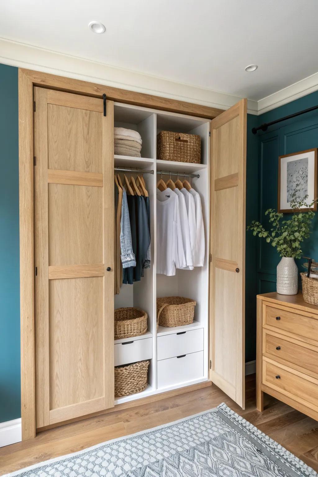 Store the bifold doors and turn the closet into a calm, curated open built-in with matching bins.