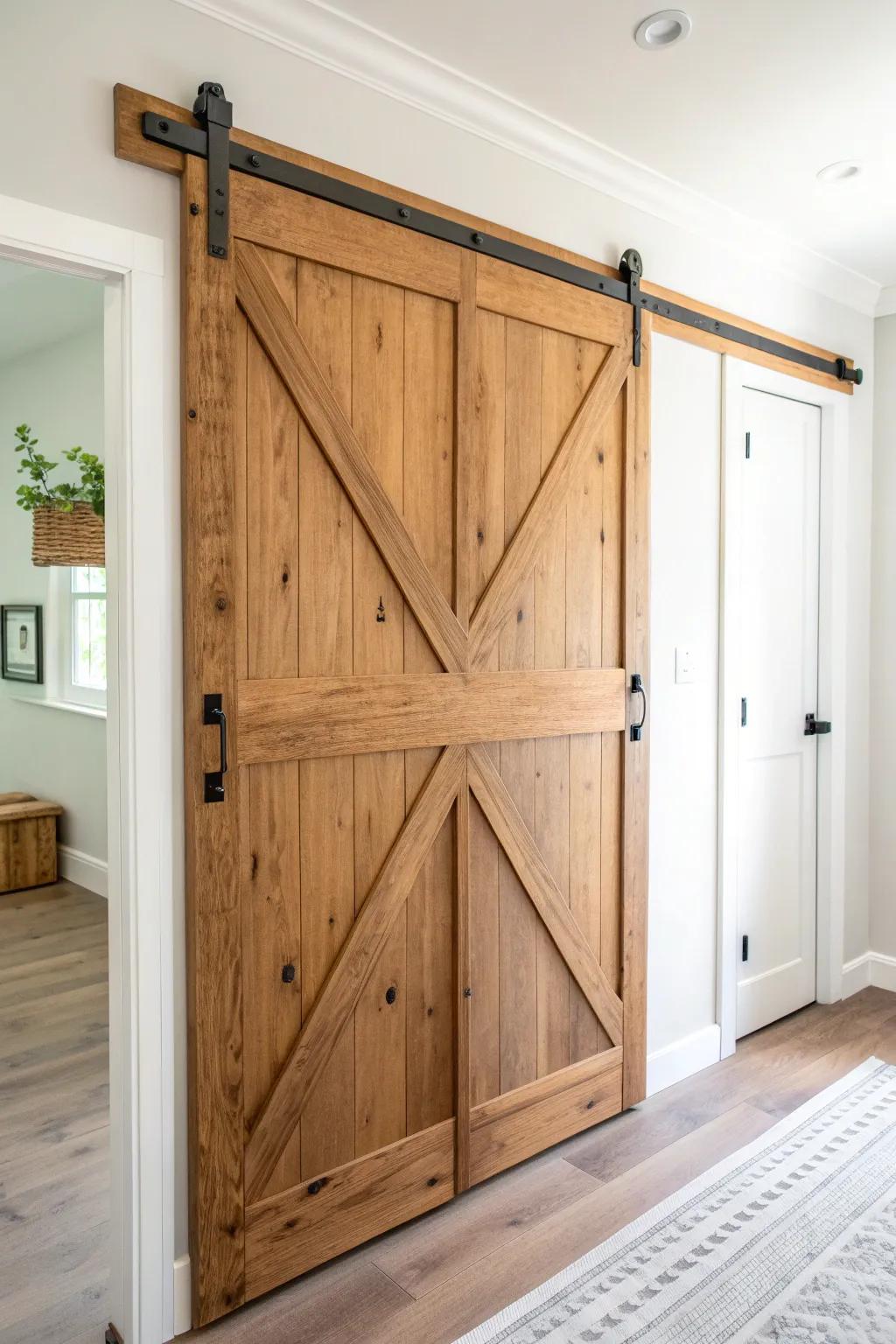 Faux barn-style bifold door refresh: warm stain, reclaimed trim, and sleek black accents.