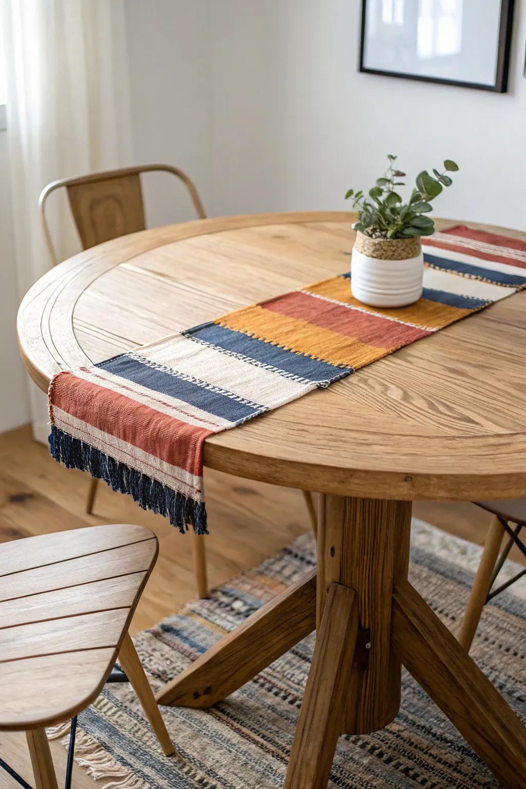 A skinny scrap-fabric runner brings bold color to a round bistro table—simple and chic.