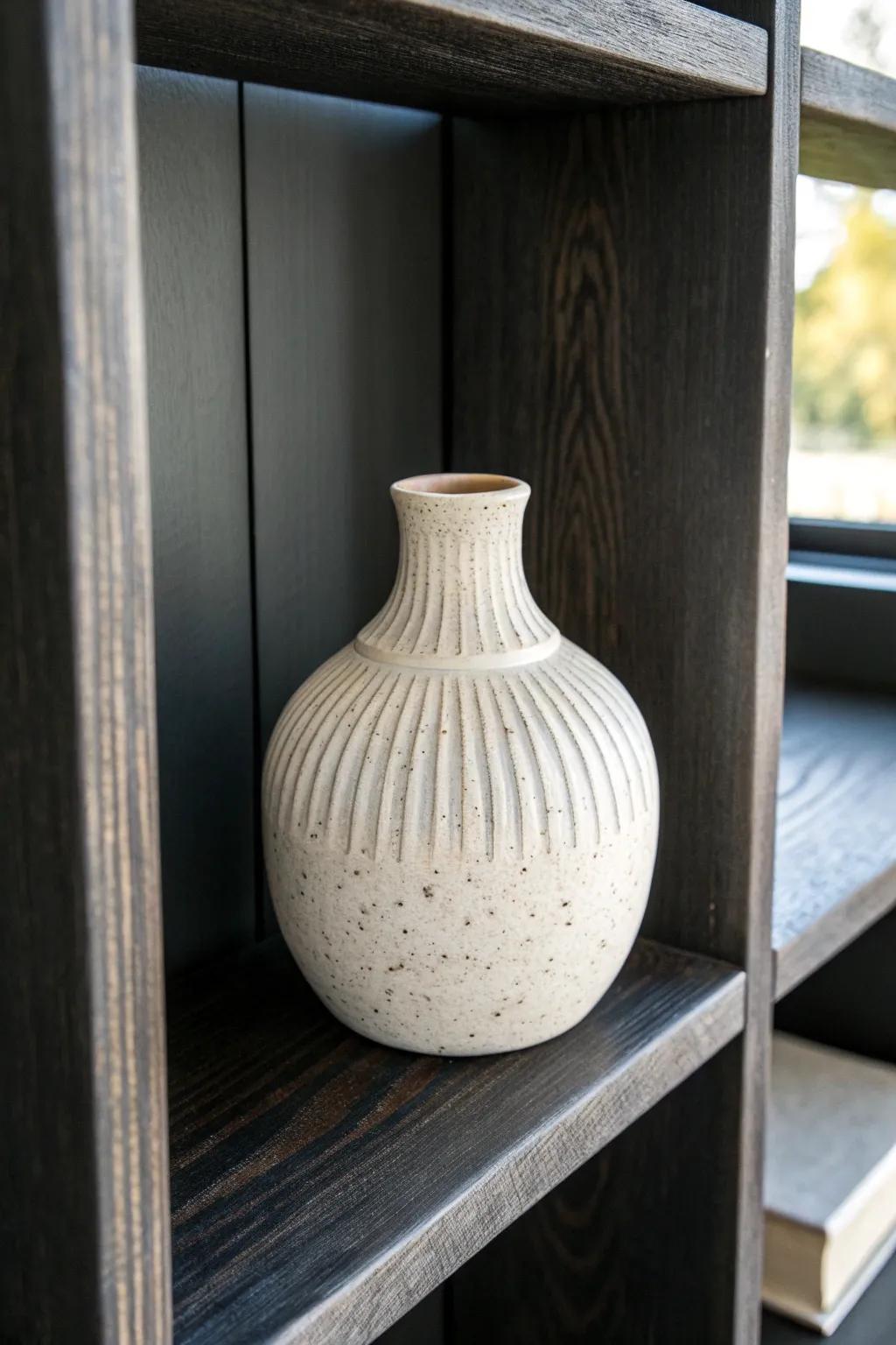 A chunky handmade white vase pops against a black bookshelf—simple, textured, intentional.
