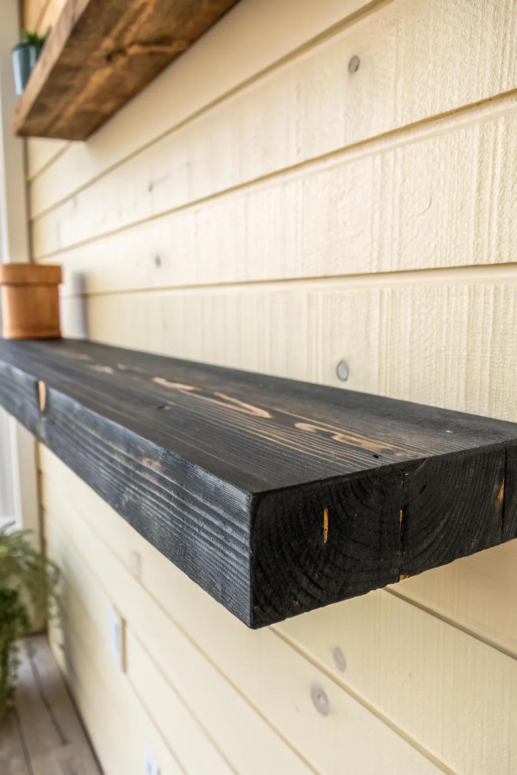 Reclaimed wood floating shelf in matte black—grain-forward, cozy, and beautifully minimal.