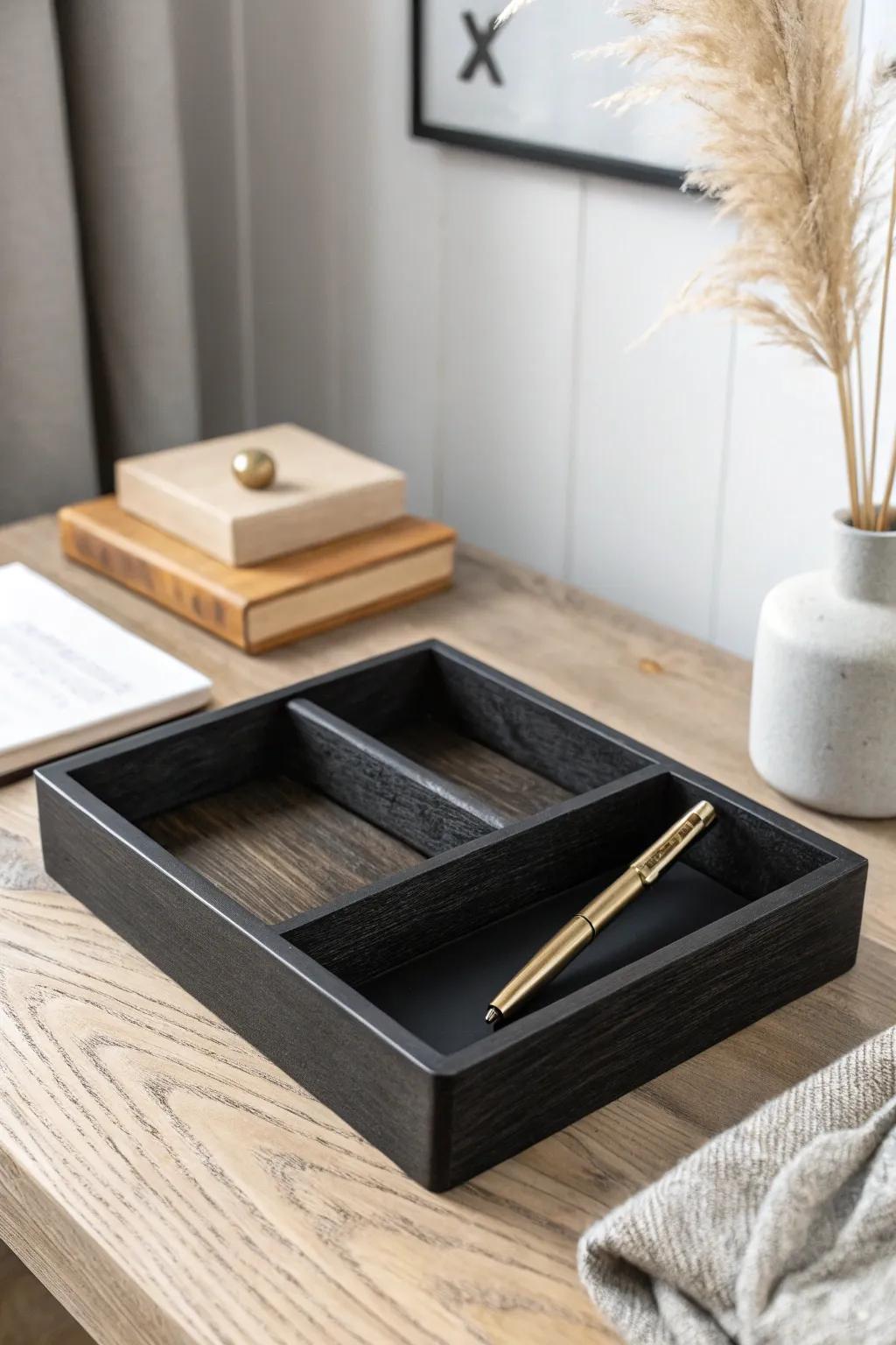 Handmade matte-black wood tray turns desk clutter into a calm, chic organizer zone.