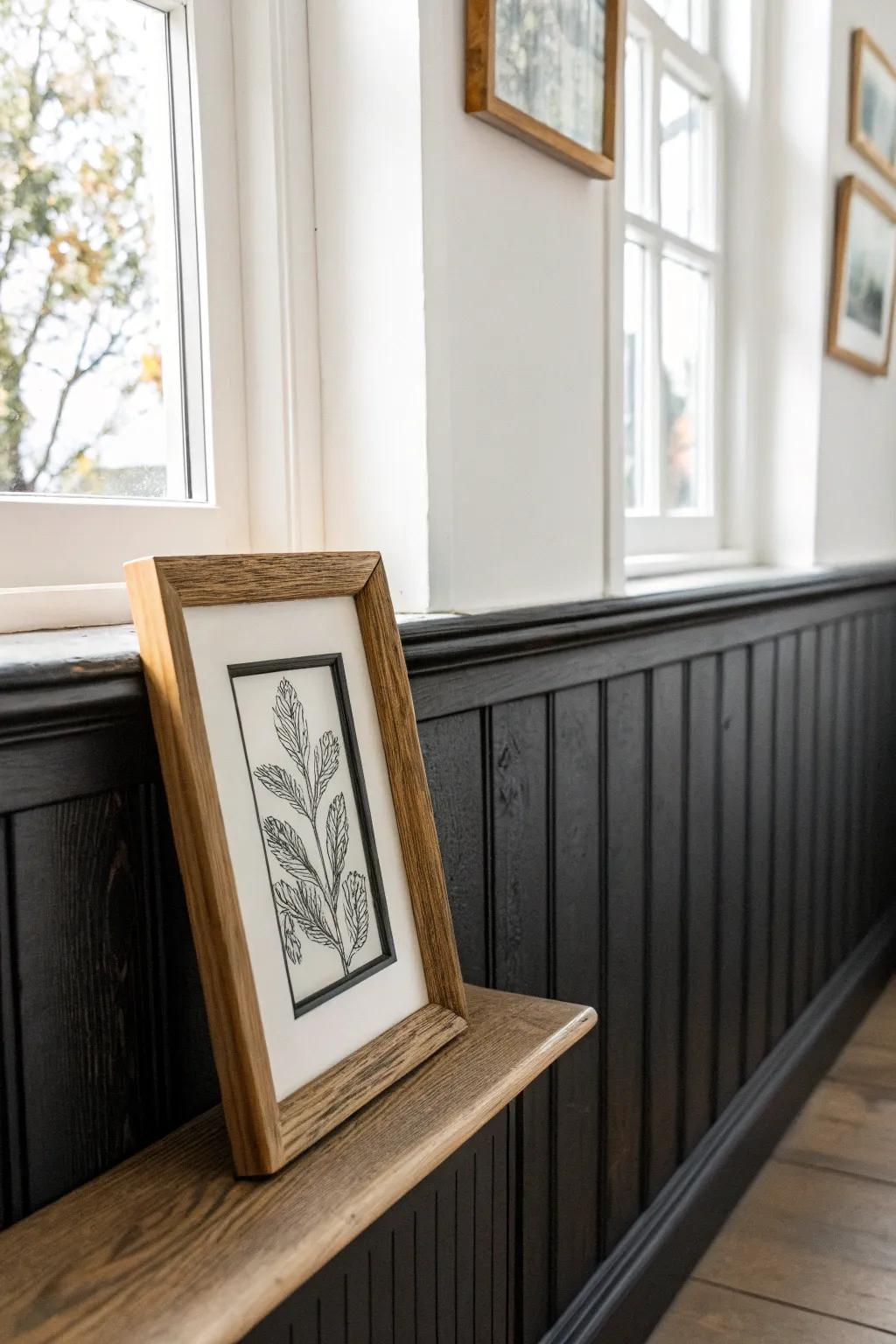 Minimal black frame art above black wainscoting—crisp contrast on bright white walls.