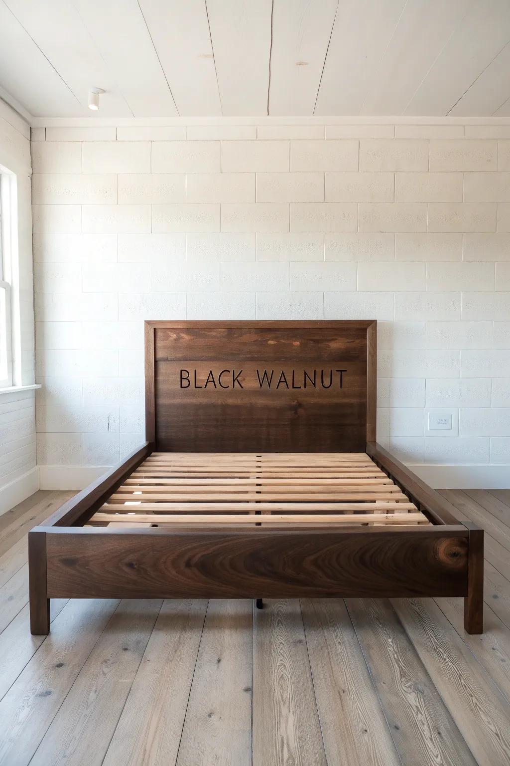 Statement black walnut headboard—rich heartwood with pale sapwood streaks for a custom look.