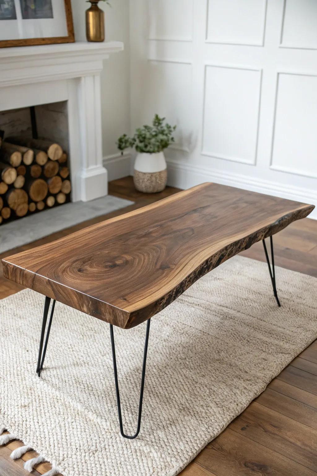 Live-edge black walnut coffee table: minimalist legs, bold grain, nature’s signature curves.