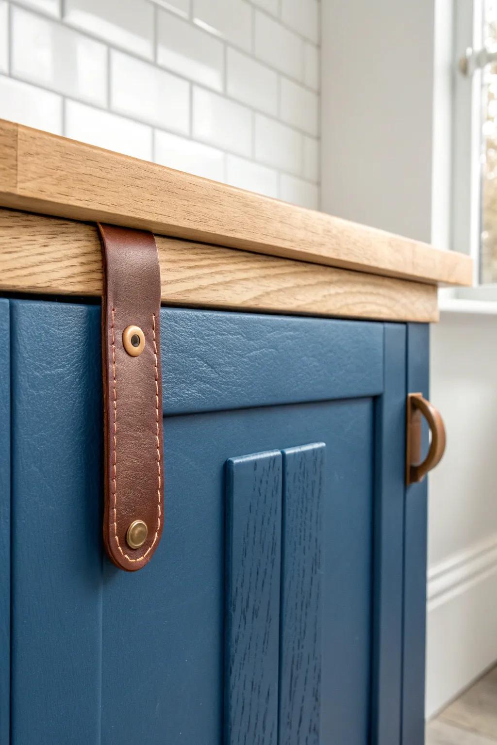 Deep blue cabinetry paired with a handcrafted brown leather pull for warm, timeless contrast.