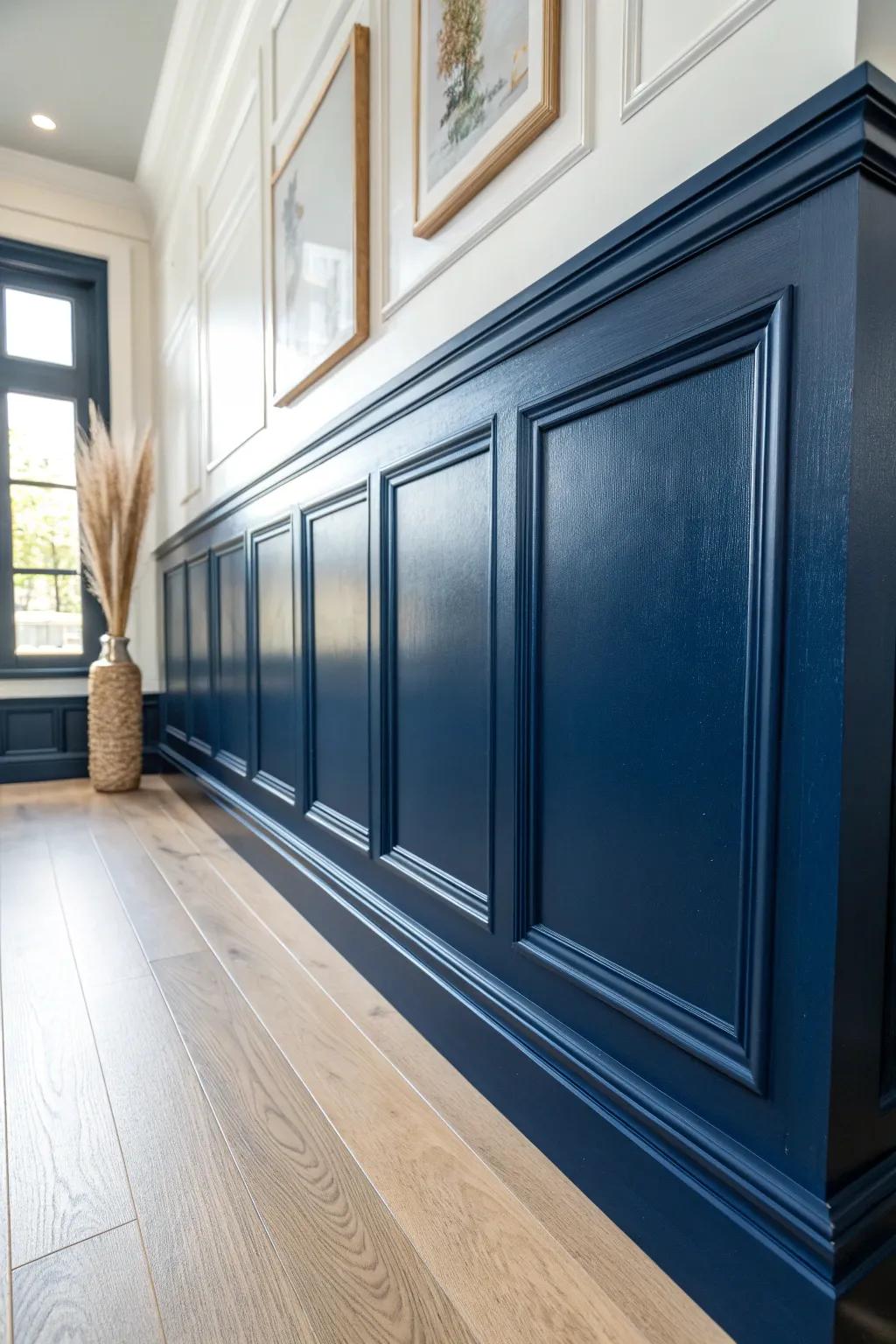 High-gloss blue wainscoting that reflects light beautifully for a sharper, more designed look.