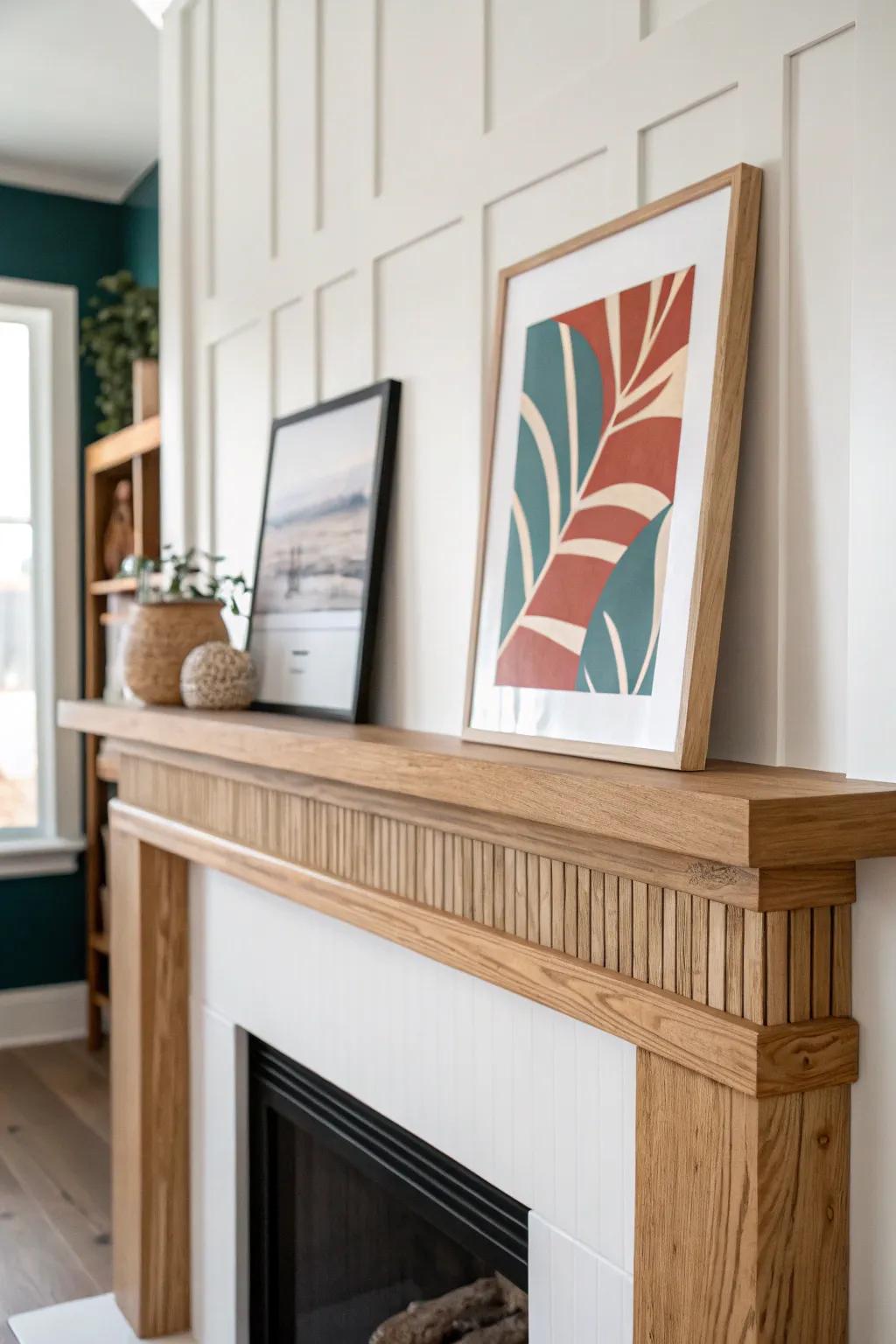 Slim picture-ledge mantel on board-and-batten—easy seasonal art swaps with minimal drilling.
