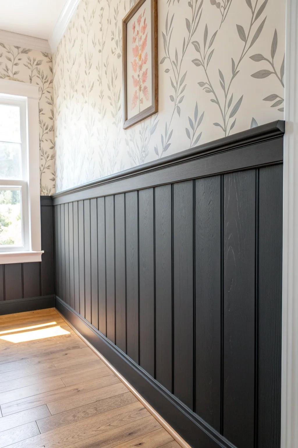 Moody charcoal board-and-batten wainscoting + light walls = instant cozy, high-contrast charm.