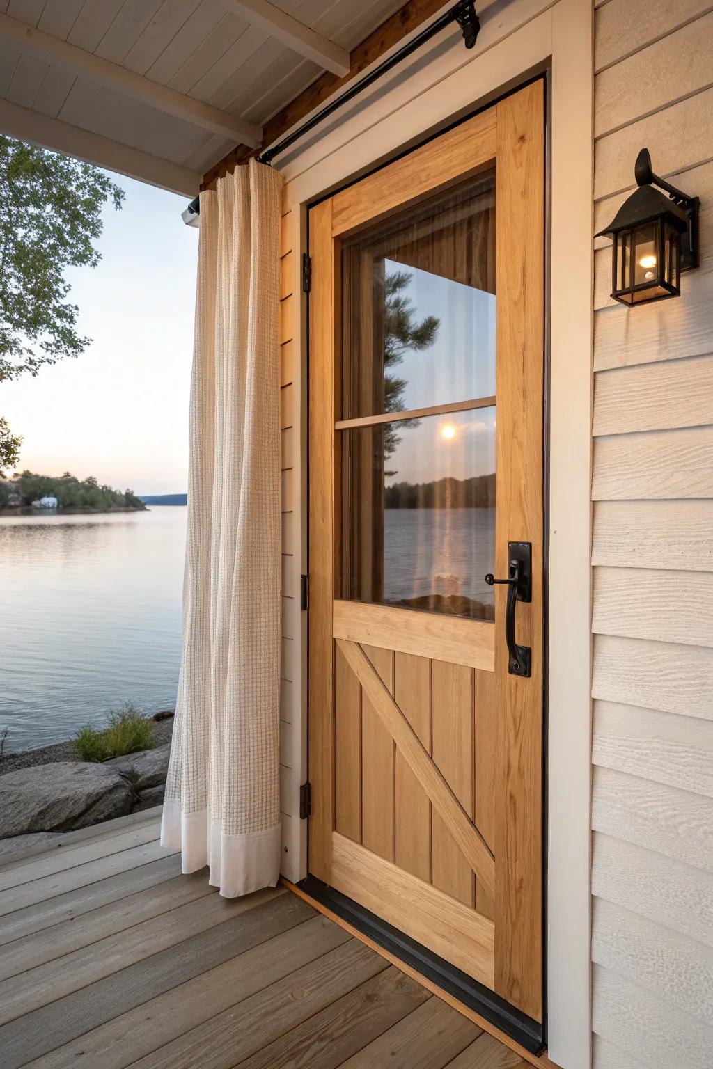 A calm, bug-free boathouse moment: a sleek screened porch door in warm oak and matte black.