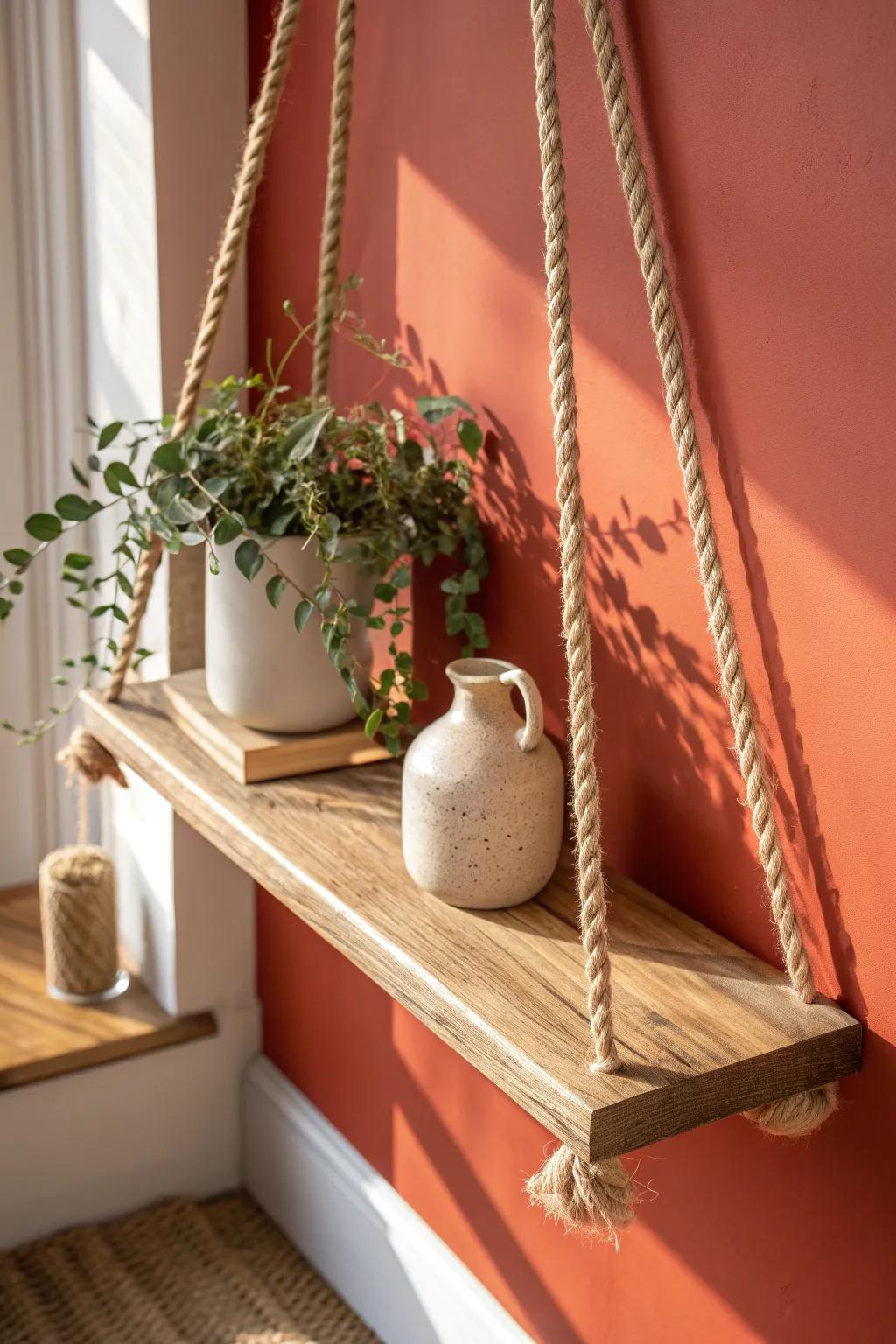 Rope-hung oak shelf on terracotta wall—soft boho texture with clean Scandinavian lines.