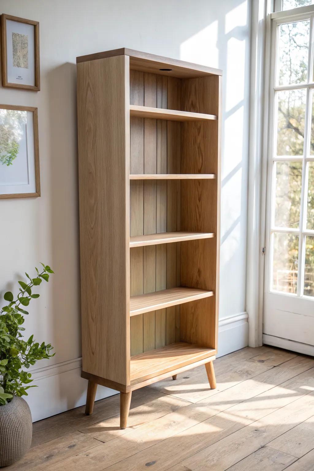 Earth-tone two-tone bookshelf: sand frame with clay-olive shelves for calm boho contrast.