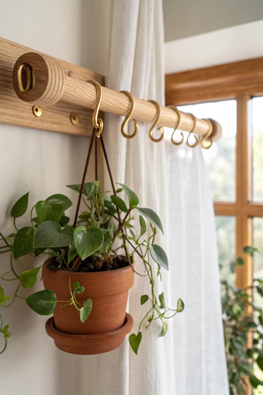 A wood curtain rod with plant hooks—hang a pothos at the window for boho indoor-jungle vibes.