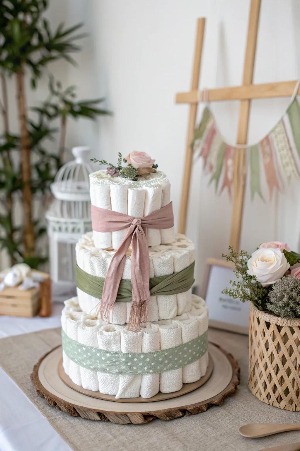 Elevate your diaper cake game with muted ribbons for a touch of boho elegance.
