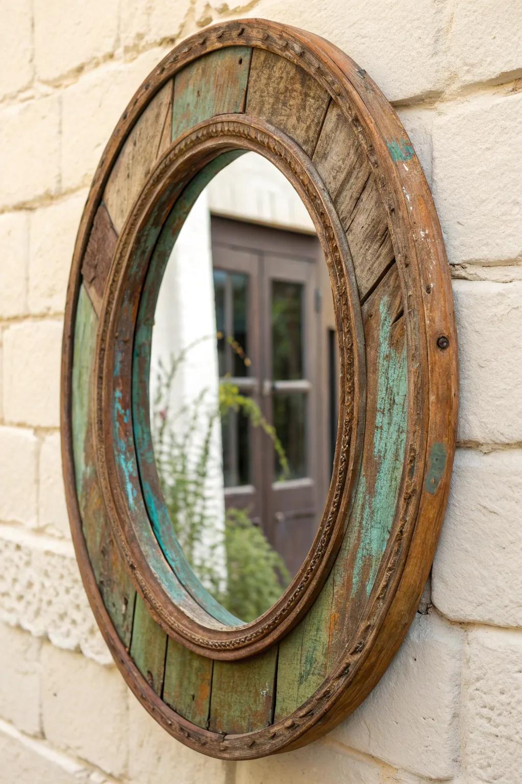 Weathered wood vintage mirror—patina, chips, and warm light for effortless boho farmhouse charm.