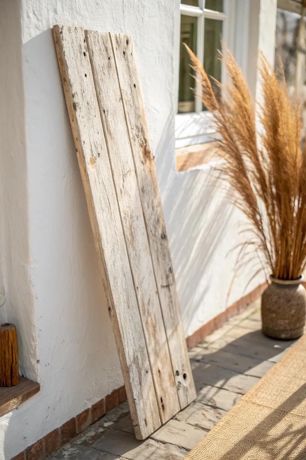 Weathered reclaimed-wood sign layer for a warm, minimalist boho mantel moment.