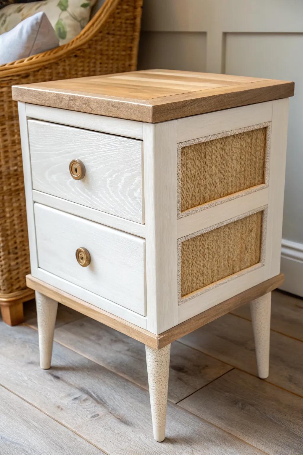 Vintage drawer nightstand flip: natural wood top + simple wooden knobs for boho charm.