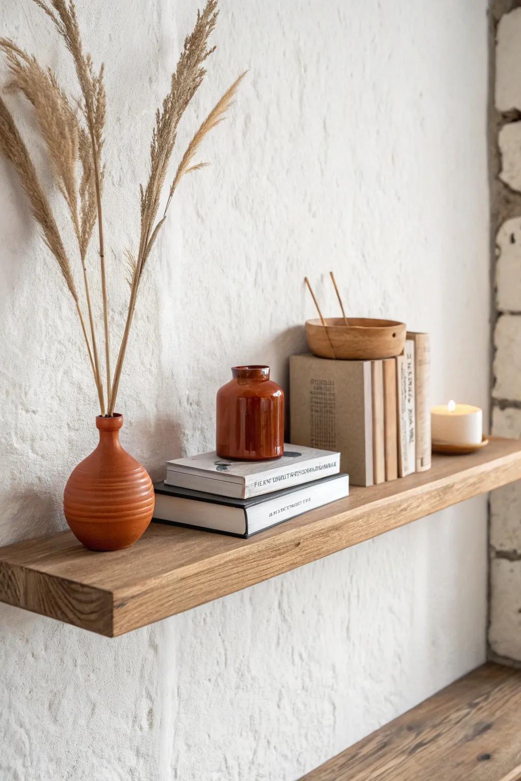 Handmade floating wood shelf: a boho vignette in warm oak, terracotta, and soft light.