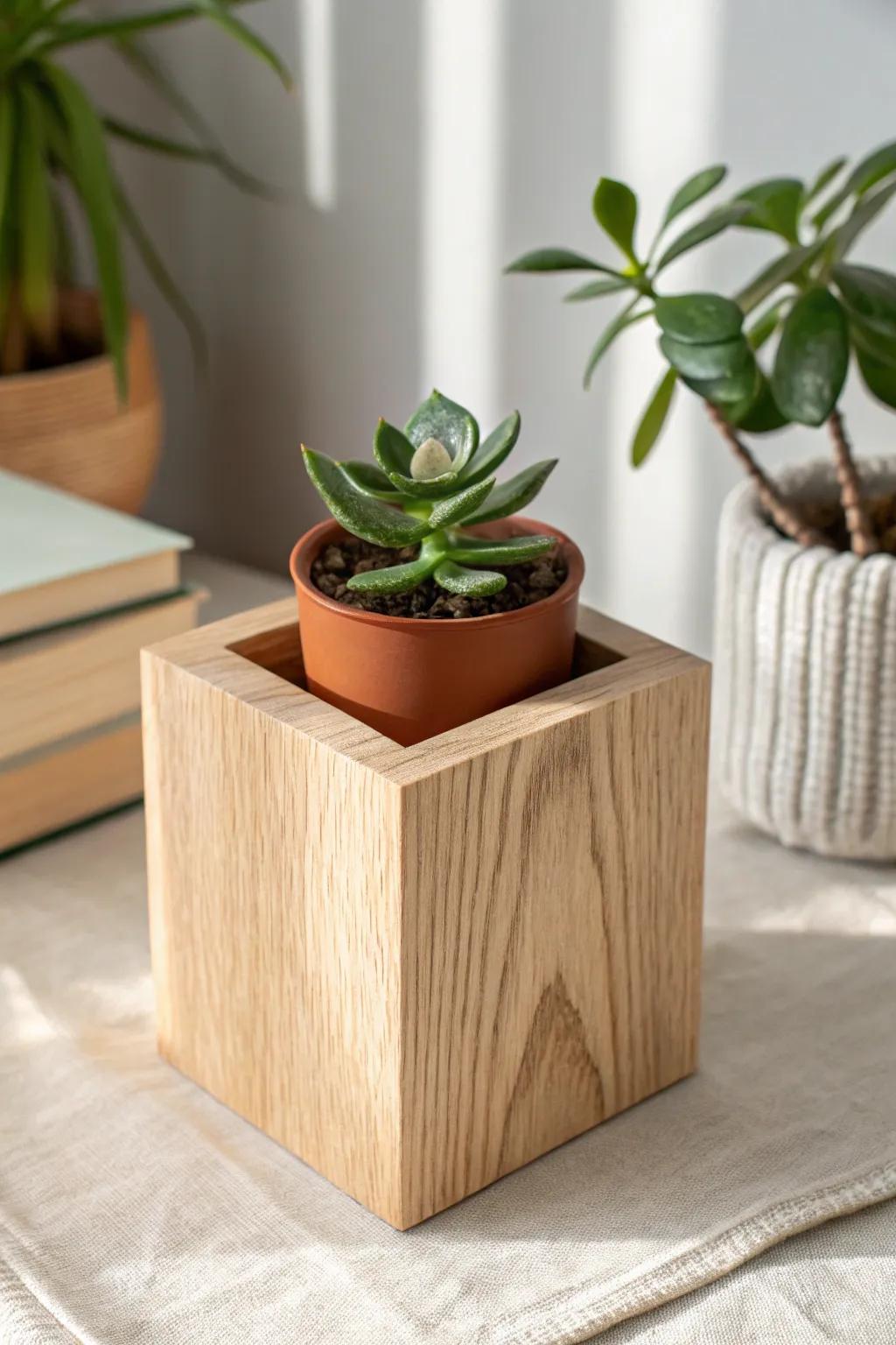 Planter pocket bookend: warm oak craftsmanship with a tiny succulent for shelf-ready calm.