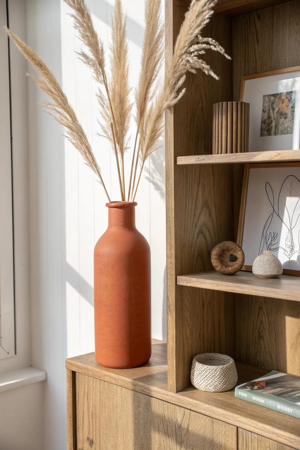 Tall–medium–small trio: let one bold vase lead, then layer a frame and carved wood.