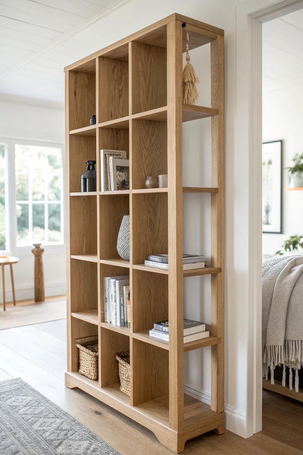 Open-back wooden shelf divider: bright, airy bedroom corner zoning with handcrafted style.