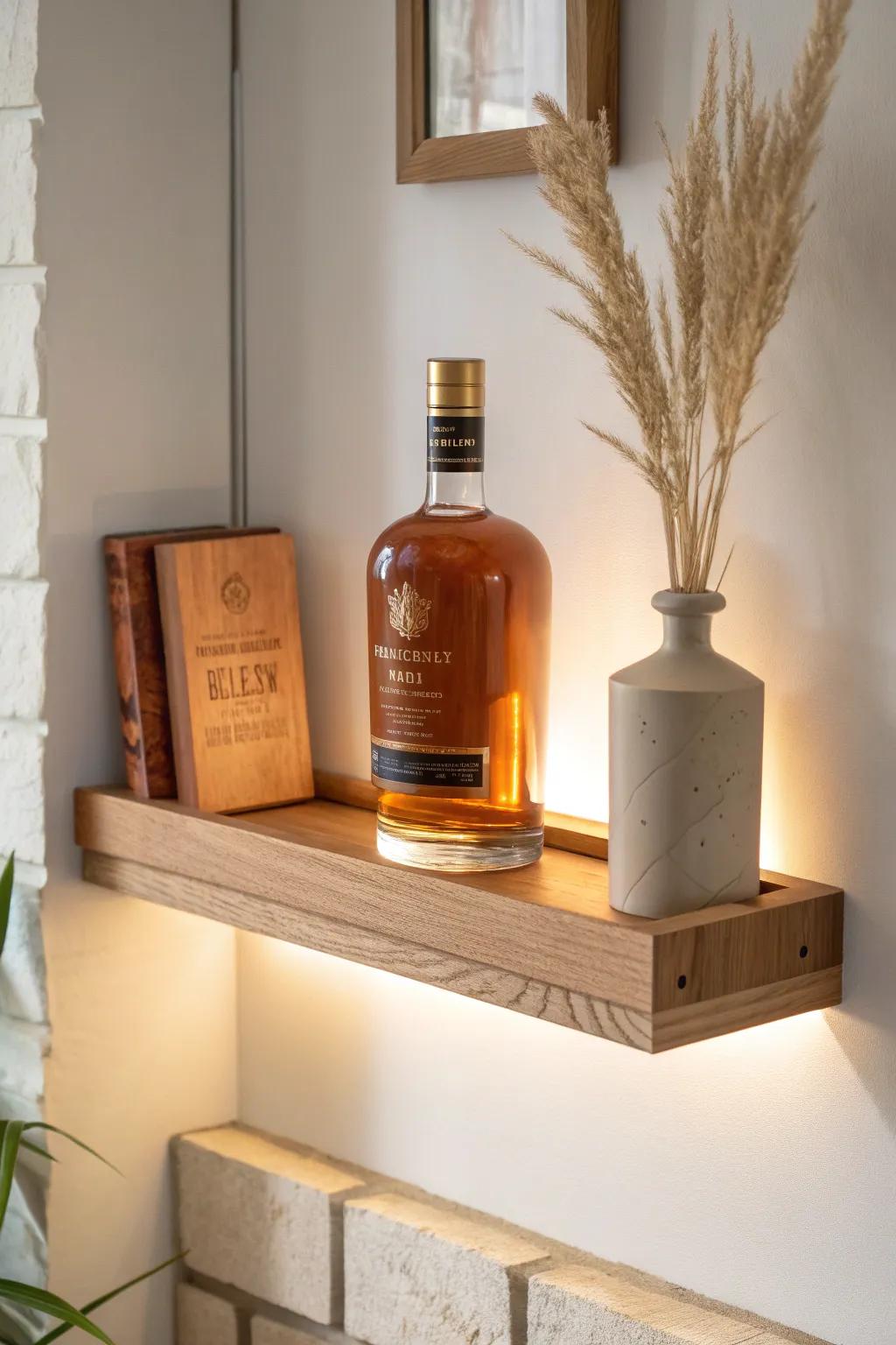 Hidden LED glow turns a simple oak bourbon shelf into a warm, stained-glass display moment.