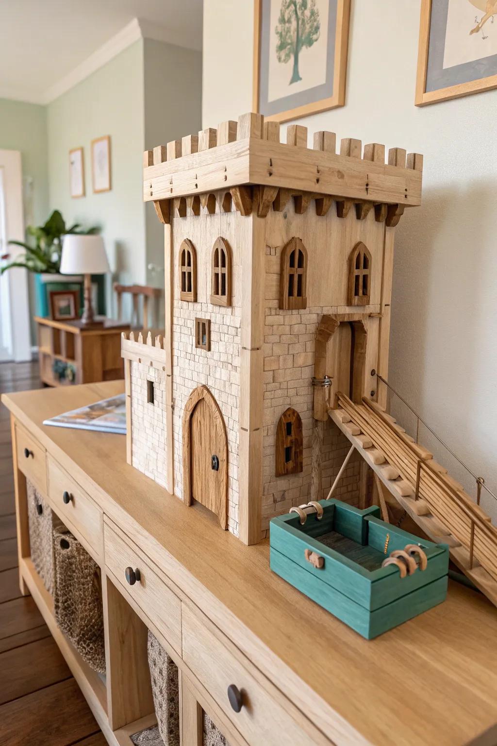 Rugged wooden castle dollhouse with working drawbridge and hidden “dungeon” storage cubby.