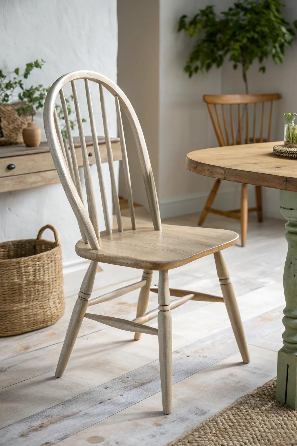 Soft-neutral Windsor charm: timeless spindles and warm oak that instantly elevates a break room.