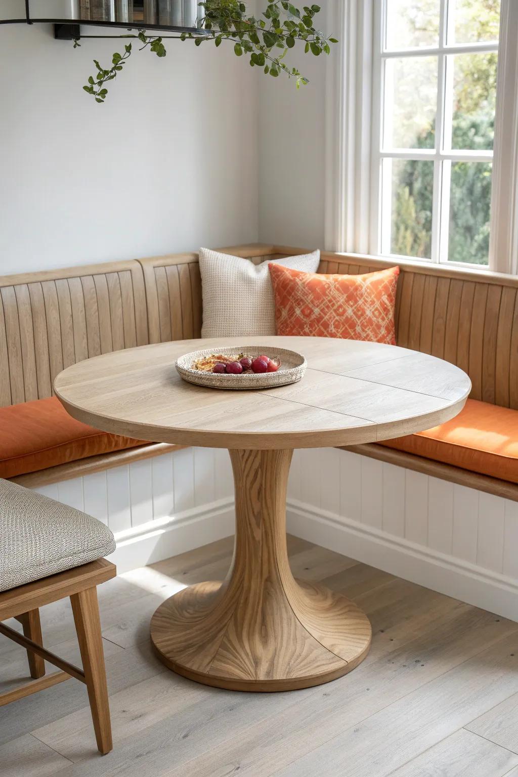 A curved oak banquette and round table create a cozy café-style nook with bold, modern contrast.