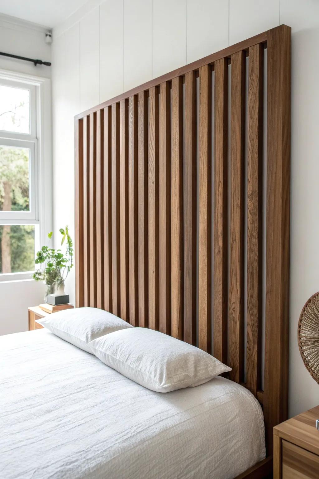 Brown vertical slat headboard: warm walnut texture that adds height and an airy, architectural feel.