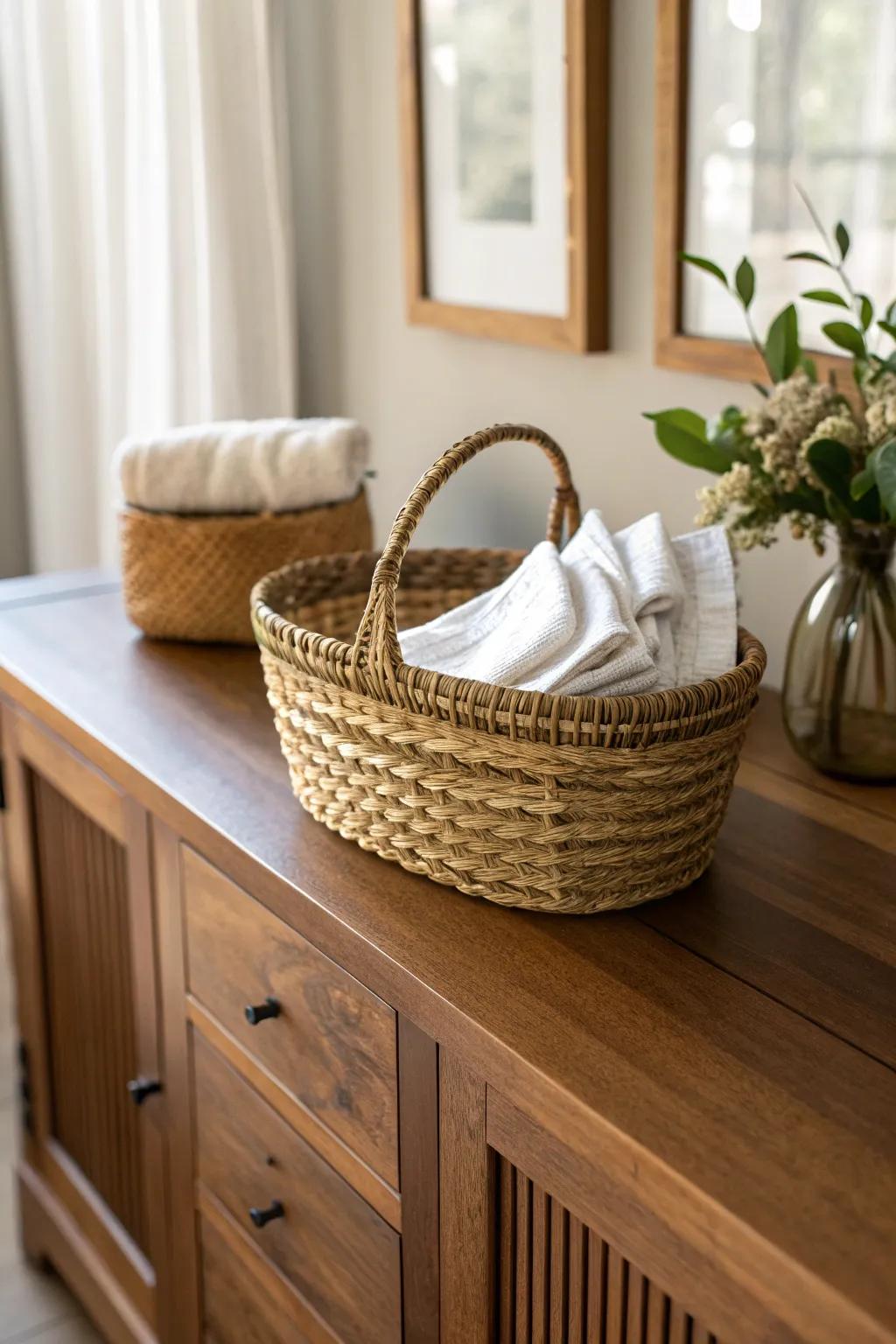 A woven basket adds soft rustic texture—pretty storage that keeps buffet styling effortless.