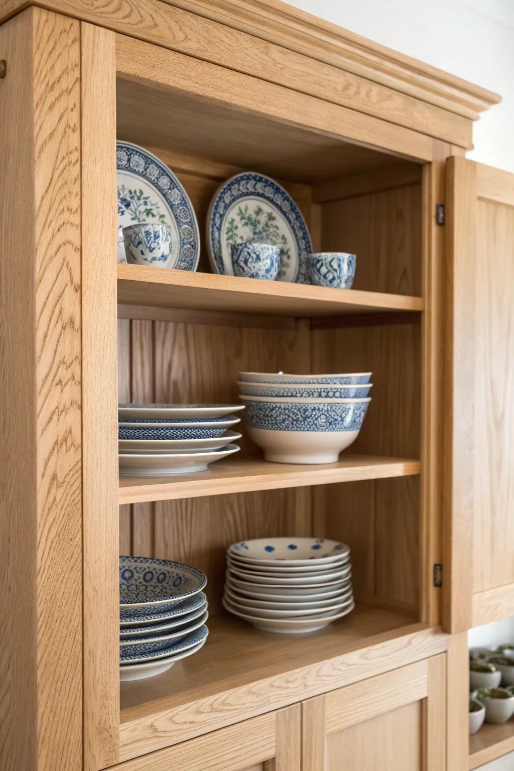 Oak plate grooves keep stacks tidy and turn your china cabinet into a curated display.