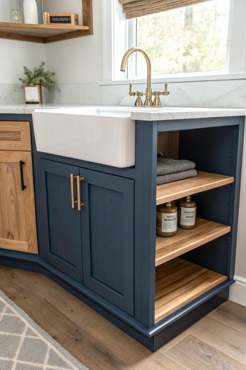 Built-in corner sink base with hidden shelves—beautiful storage that works around the plumbing.