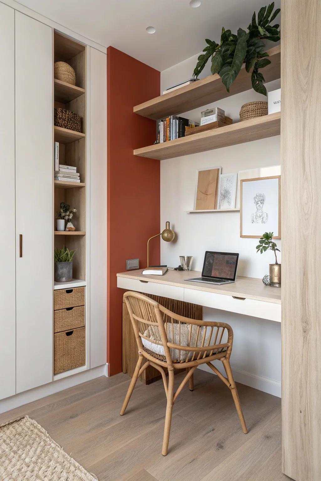 Cloffice corner built-in: warm oak desk, side shelves, and a bold terracotta pop.