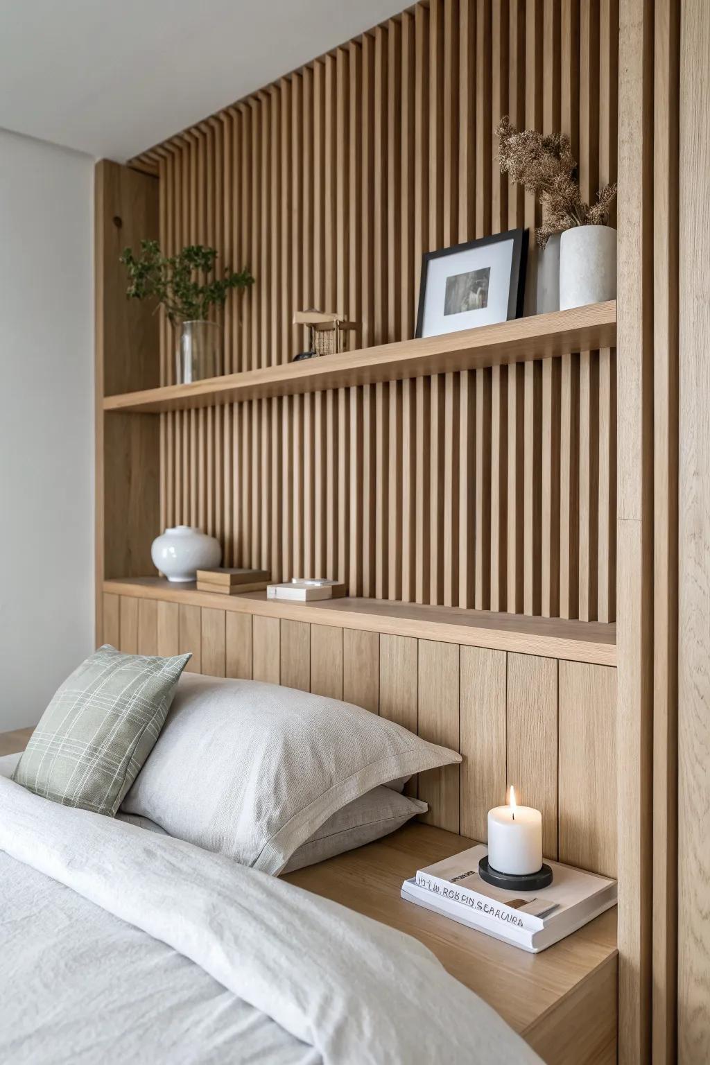 Modern vertical slat headboard with a hidden shelf—clean, cozy, and perfect for bedside styling.