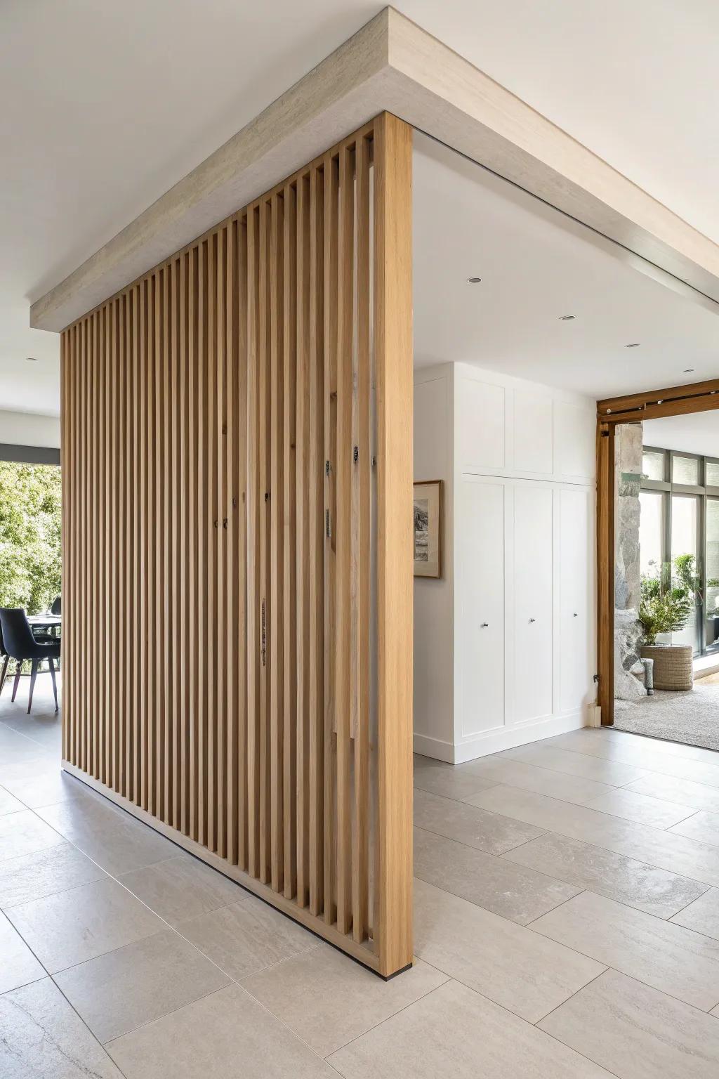 Rotating oak slat divider with brass pivots—adjust light and privacy in seconds, beautifully.