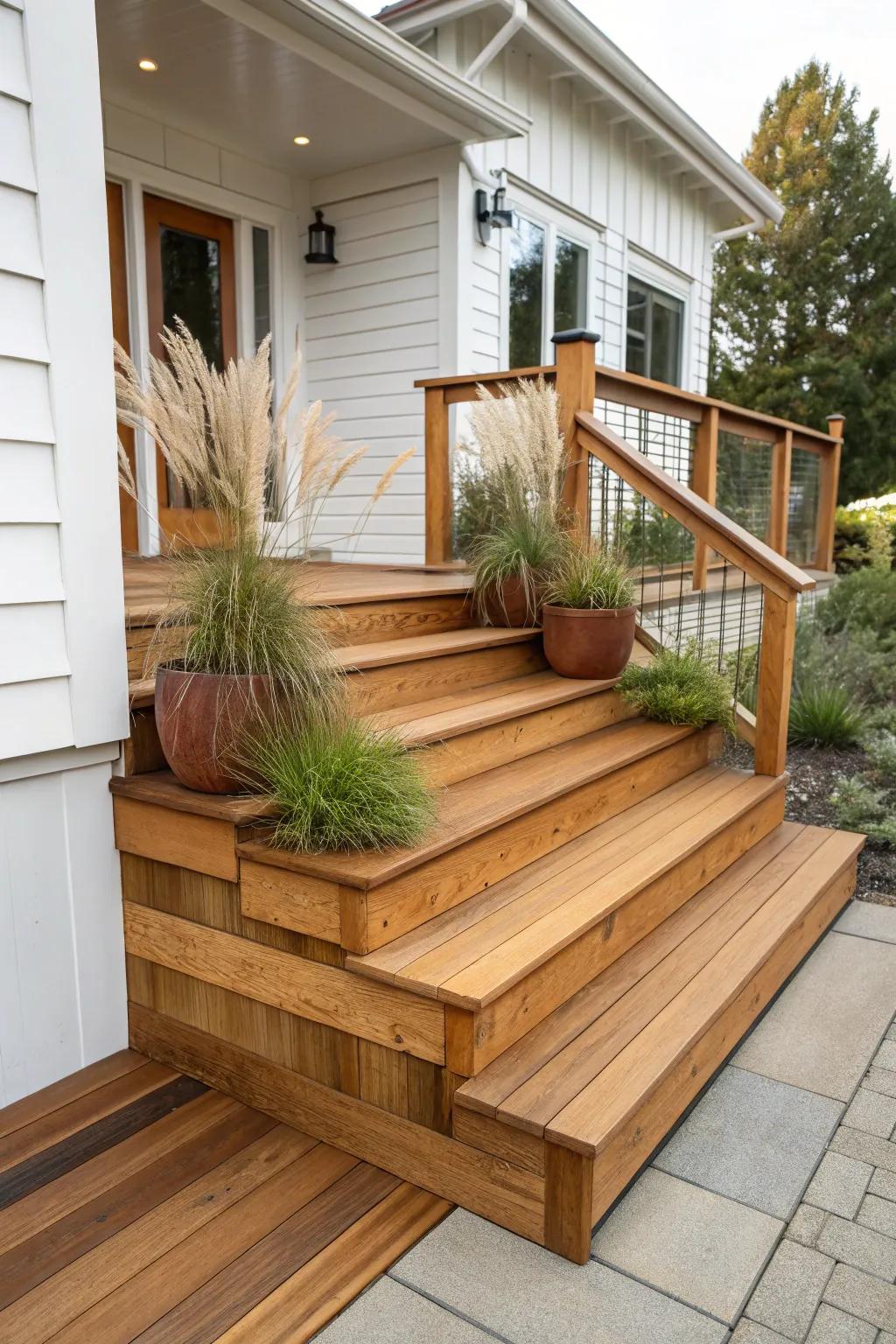 Wide wood steps with a welcoming landing—safer, social, and beautifully framed by planters.