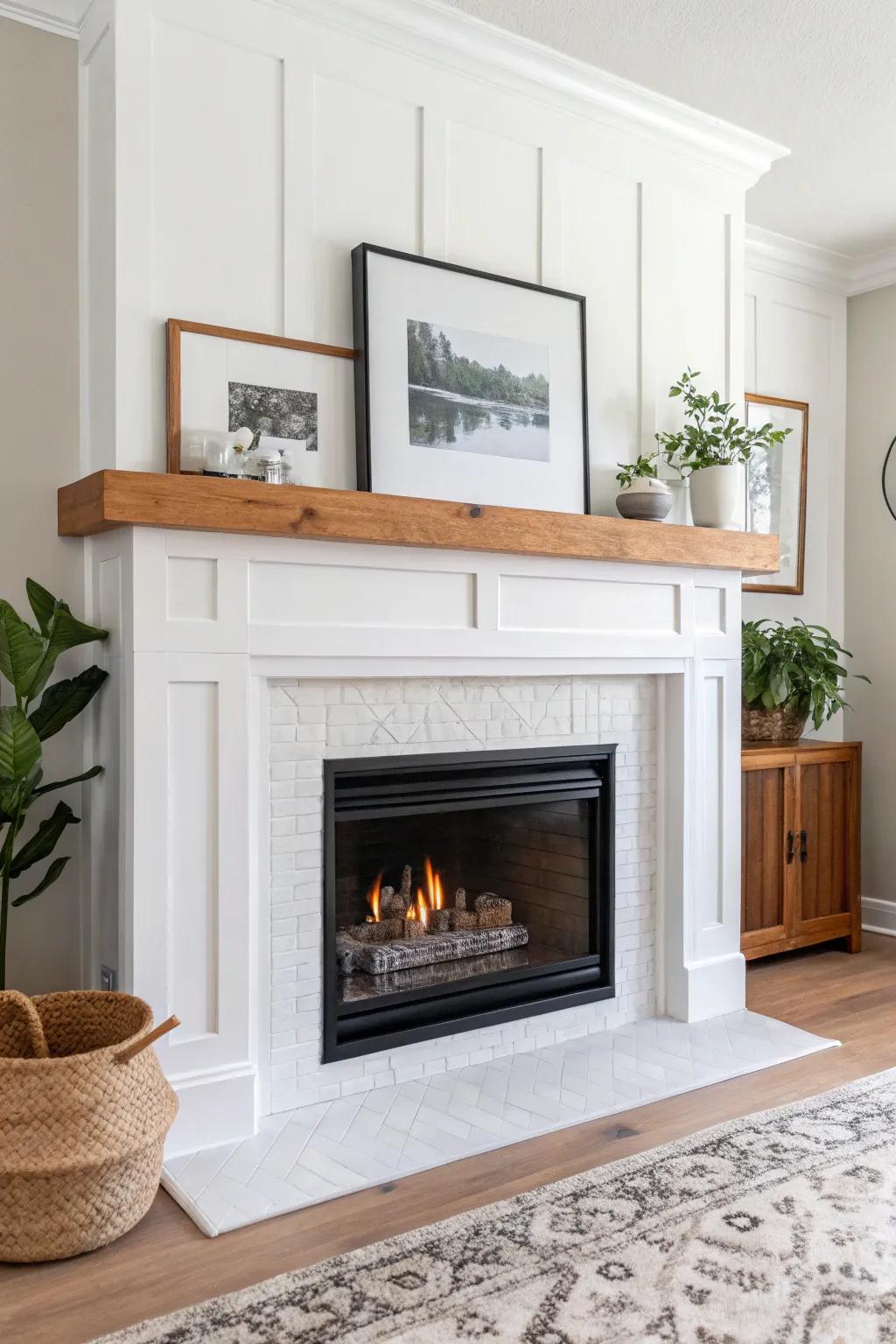Picture-frame molding + a warm oak mantel gives a plain bungalow fireplace instant built-in style.