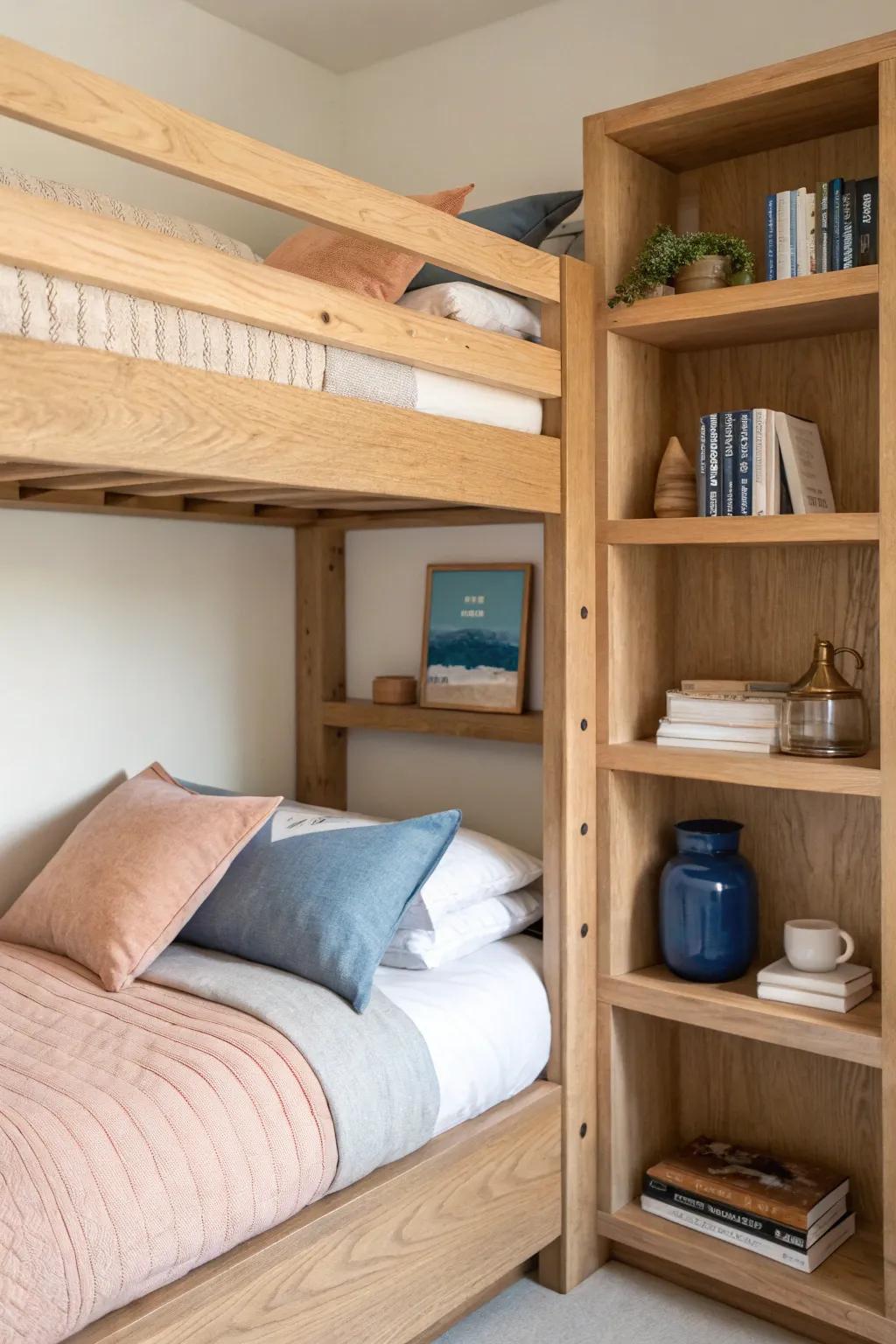 Turn the corner of an L-shaped bunk into a focal point with a handcrafted oak floating shelf.