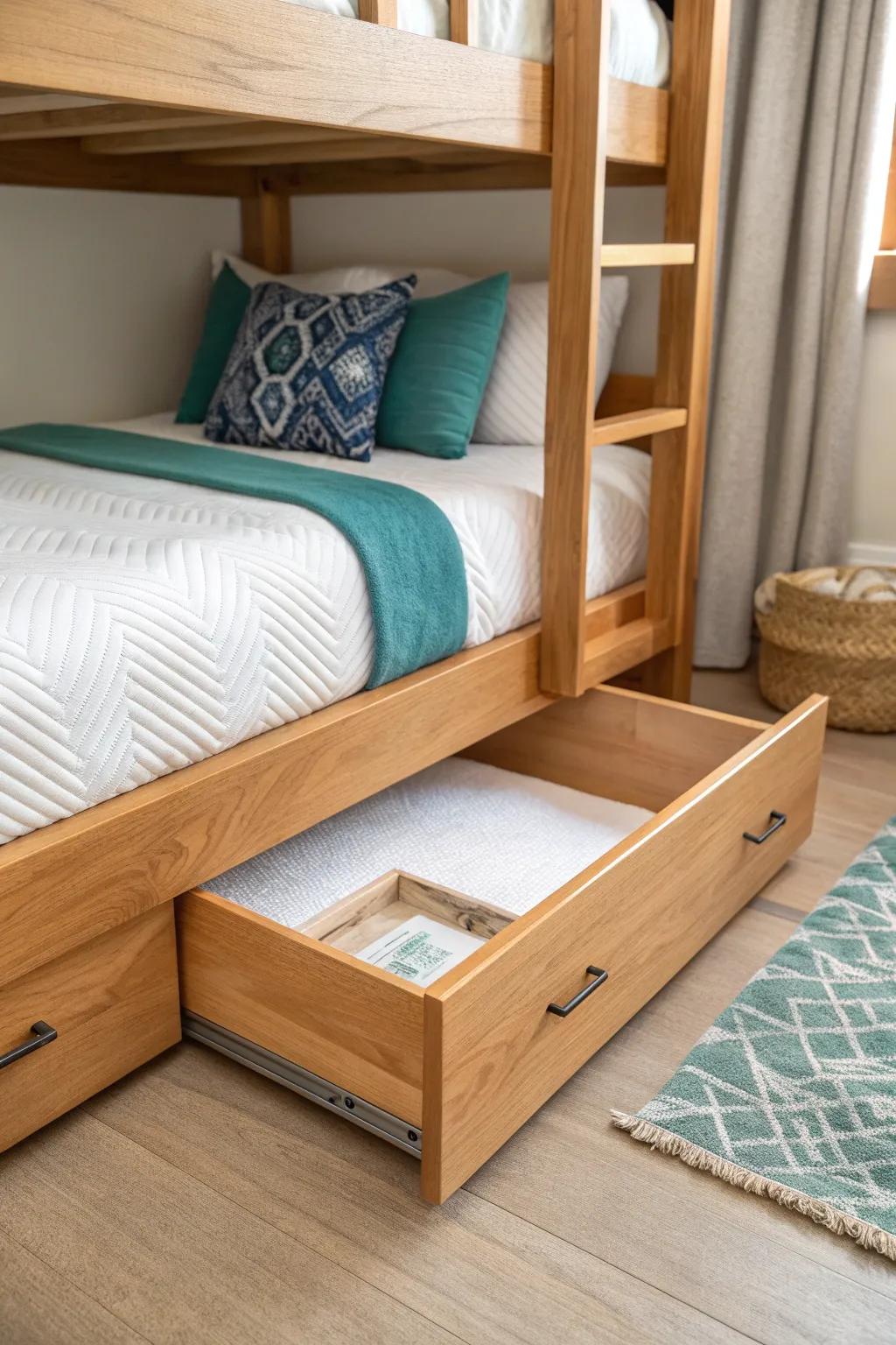 A pull-out oak trundle drawer turns the bottom bunk into a guest bed—zero lost floor space.