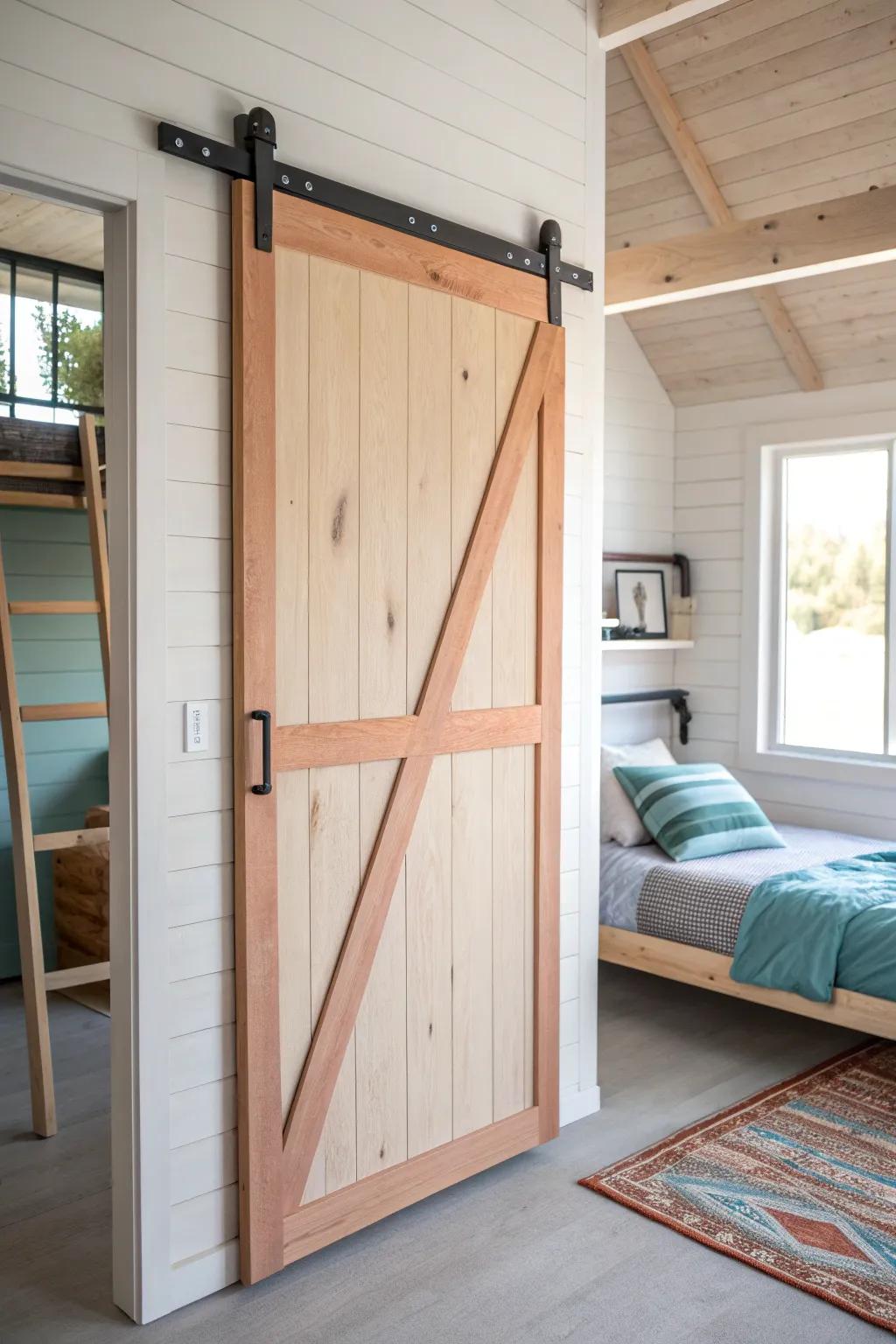 Lightweight barn-style sliding panel turns the bunk into a cozy little room—simple, chic privacy.