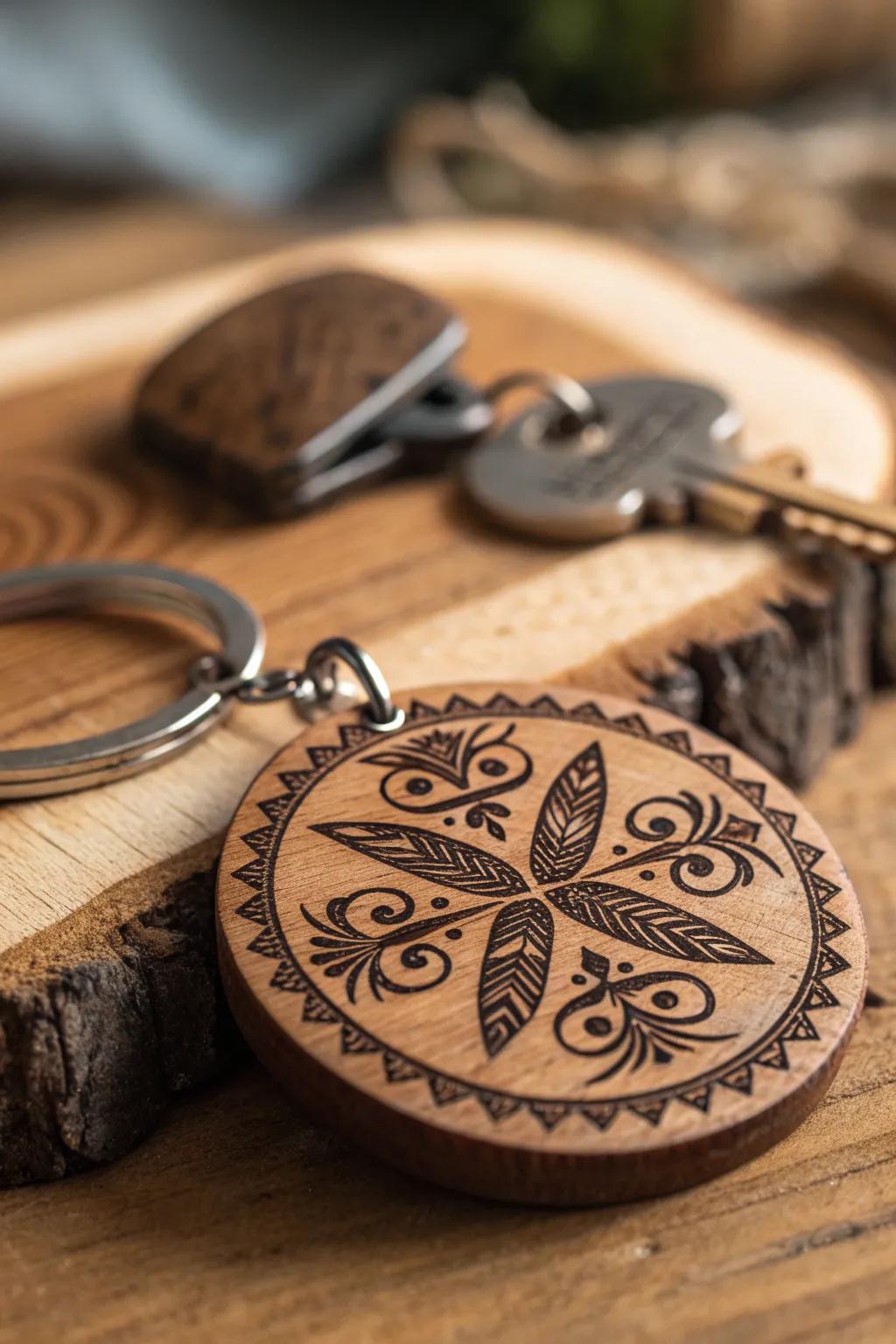 Crafted with care: a personalized wooden keychain that speaks volumes in its simplicity.