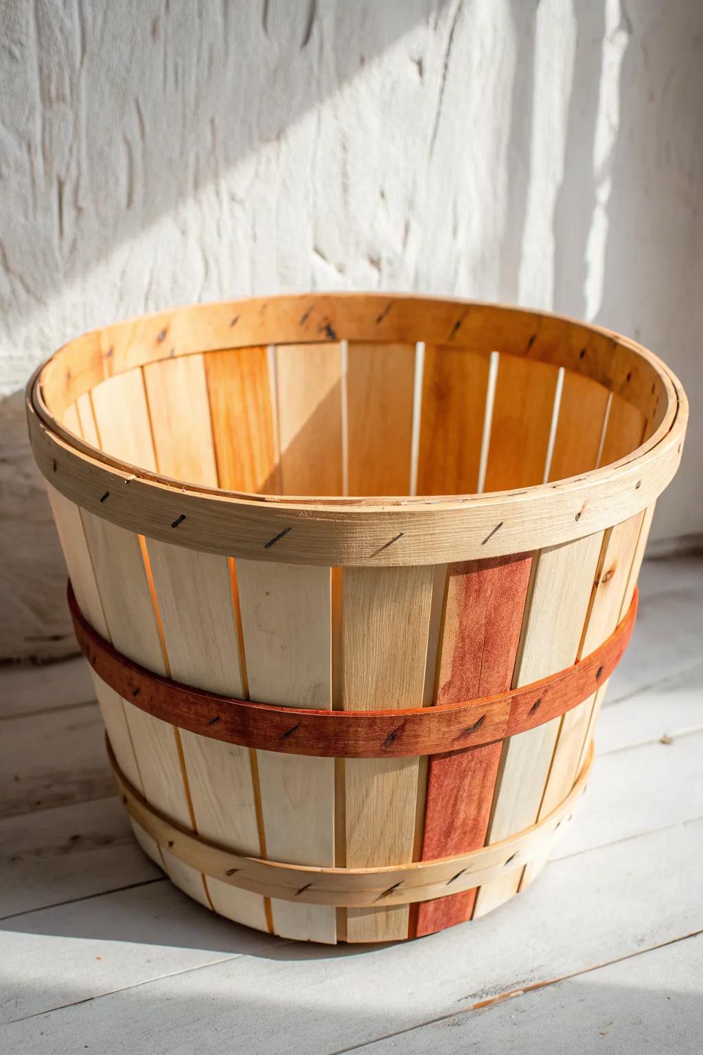 Ombre-dyed bushel basket fades from raw wood to autumn rust—simple, bold, handmade.