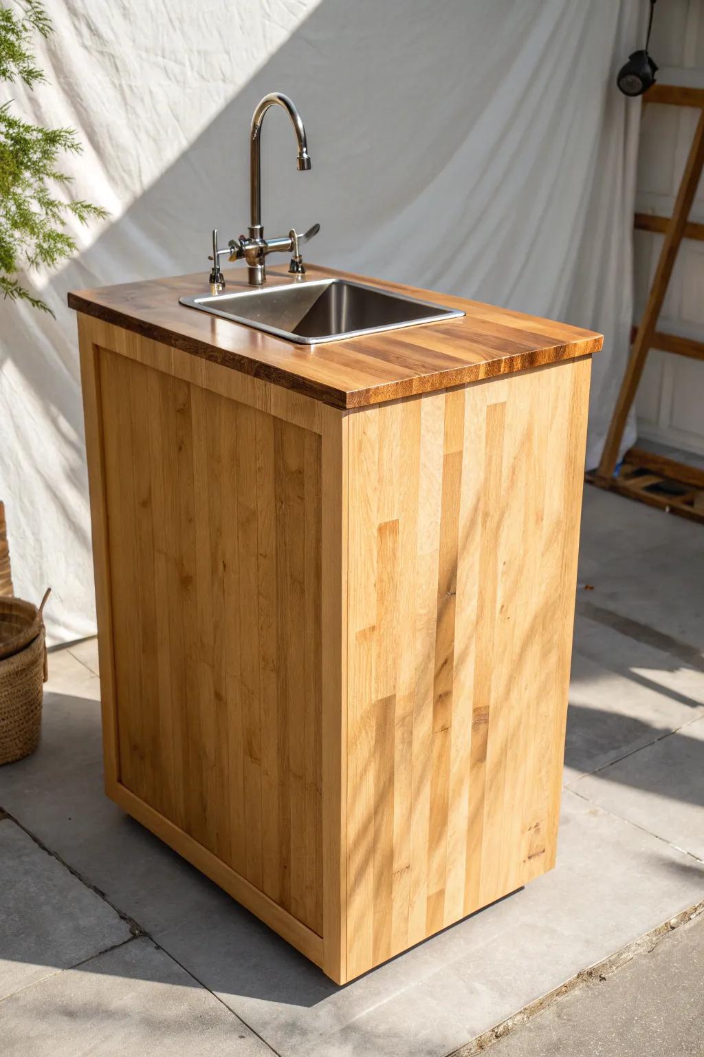 Small wet bar idea: butcher block top with sink cutout, sealed for water-ready durability.