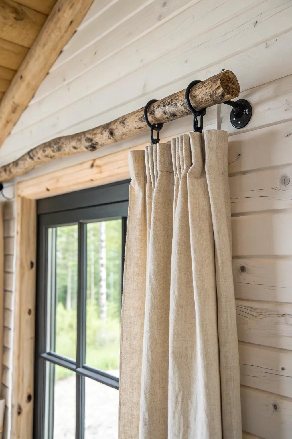 Rustic tree-branch curtain rod: free, handmade, and the easiest way to add true cabin charm.