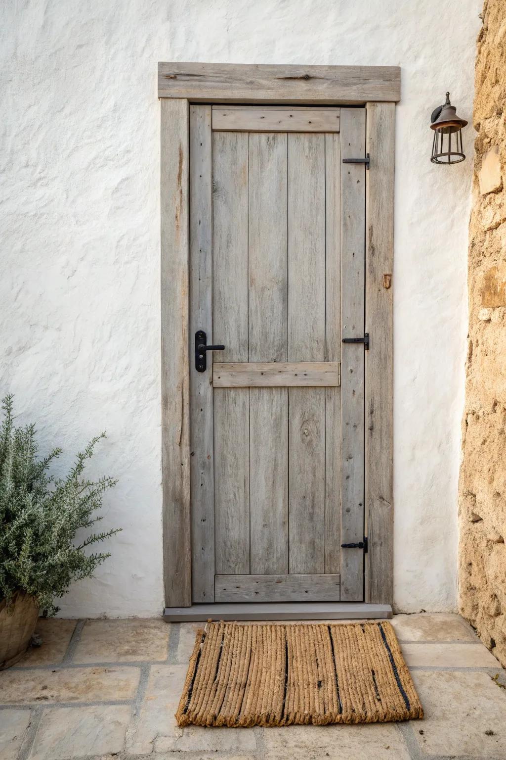 Weathered gray-brown cabin door finish—softly aged texture, sealed for a timeless look.
