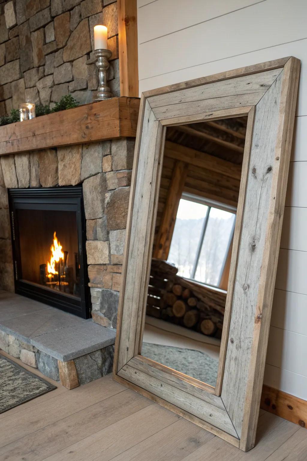 A weathered wood mirror that doubles the firelight—instant cozy cabin mantel glow.