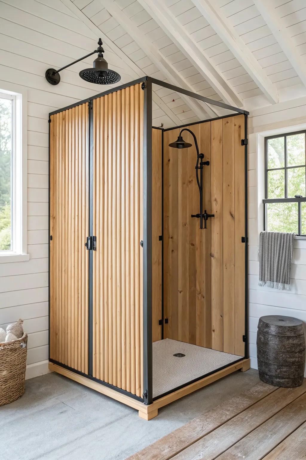 Corrugated metal + cedar posts: a rugged cabin shower finished with clean, intentional edges.